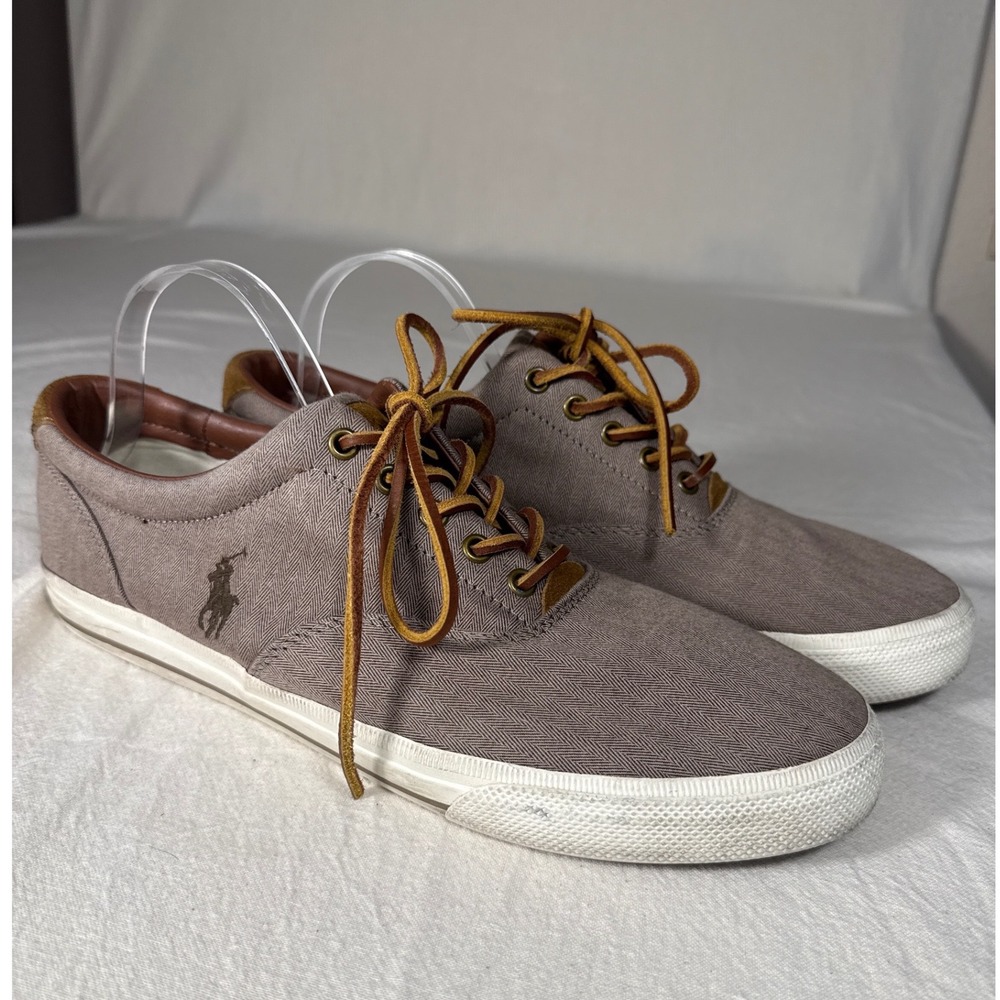Polo Ralph Lauren Sneakers Mens 13 Tan Herringbone Canvas Suede Trim Low Top